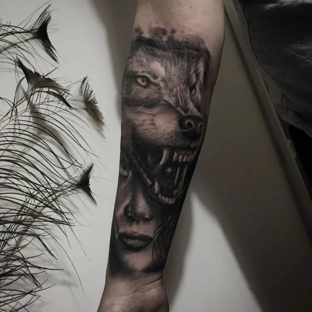 Snarling wolf head merged with female face
