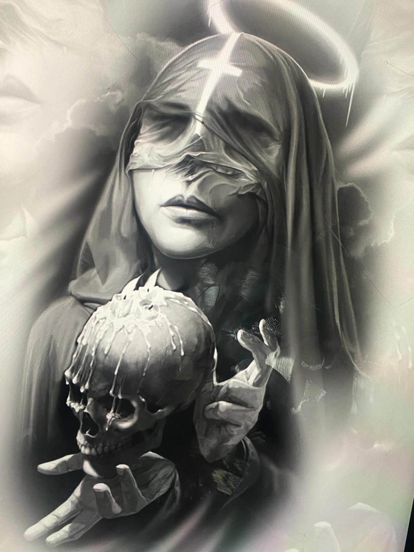 Veiled Madonna with cloth over eyes, holding dripping skull, halo and cross overlay (flash design)