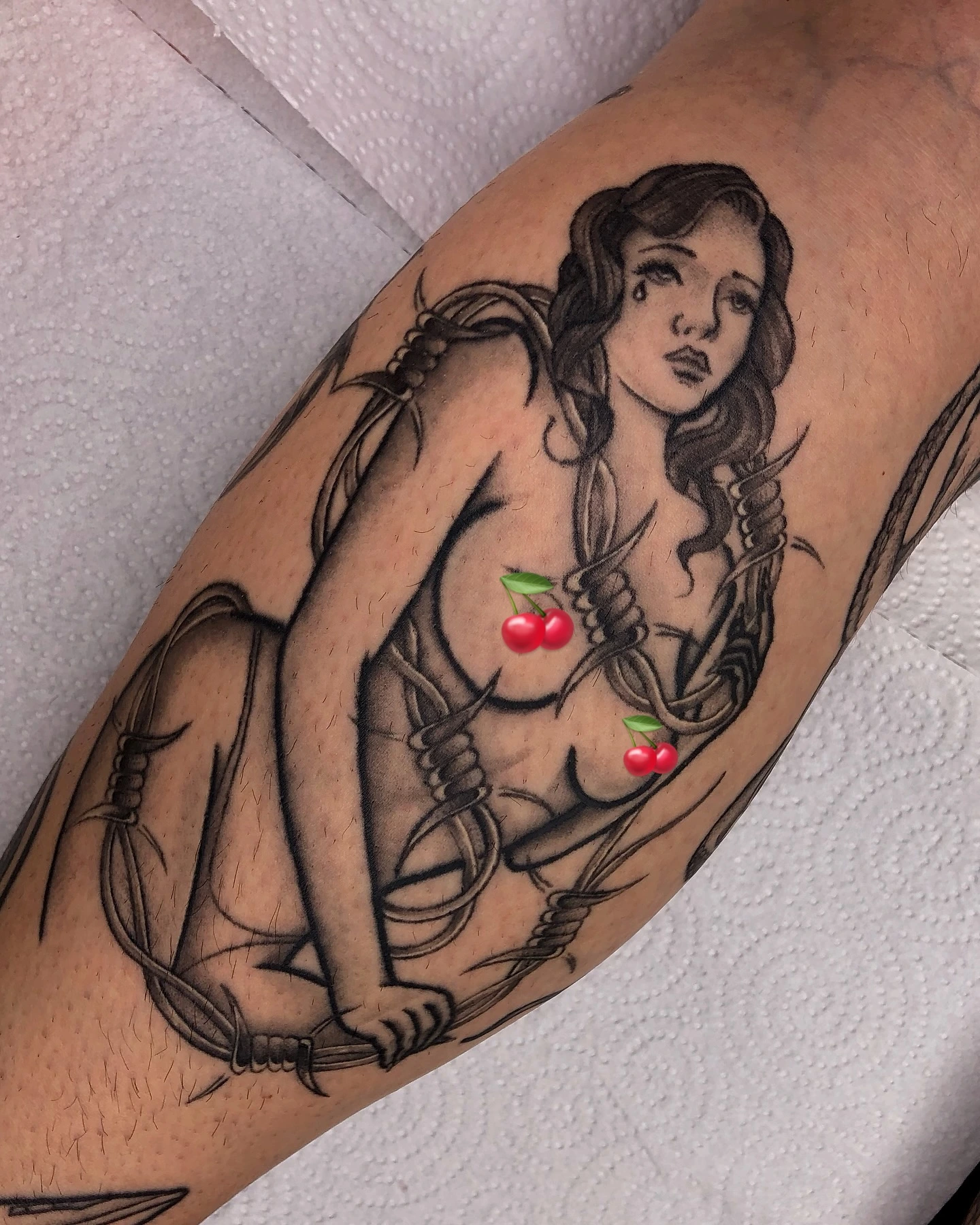 Pin-up girl in barbed wire with cherry pasties