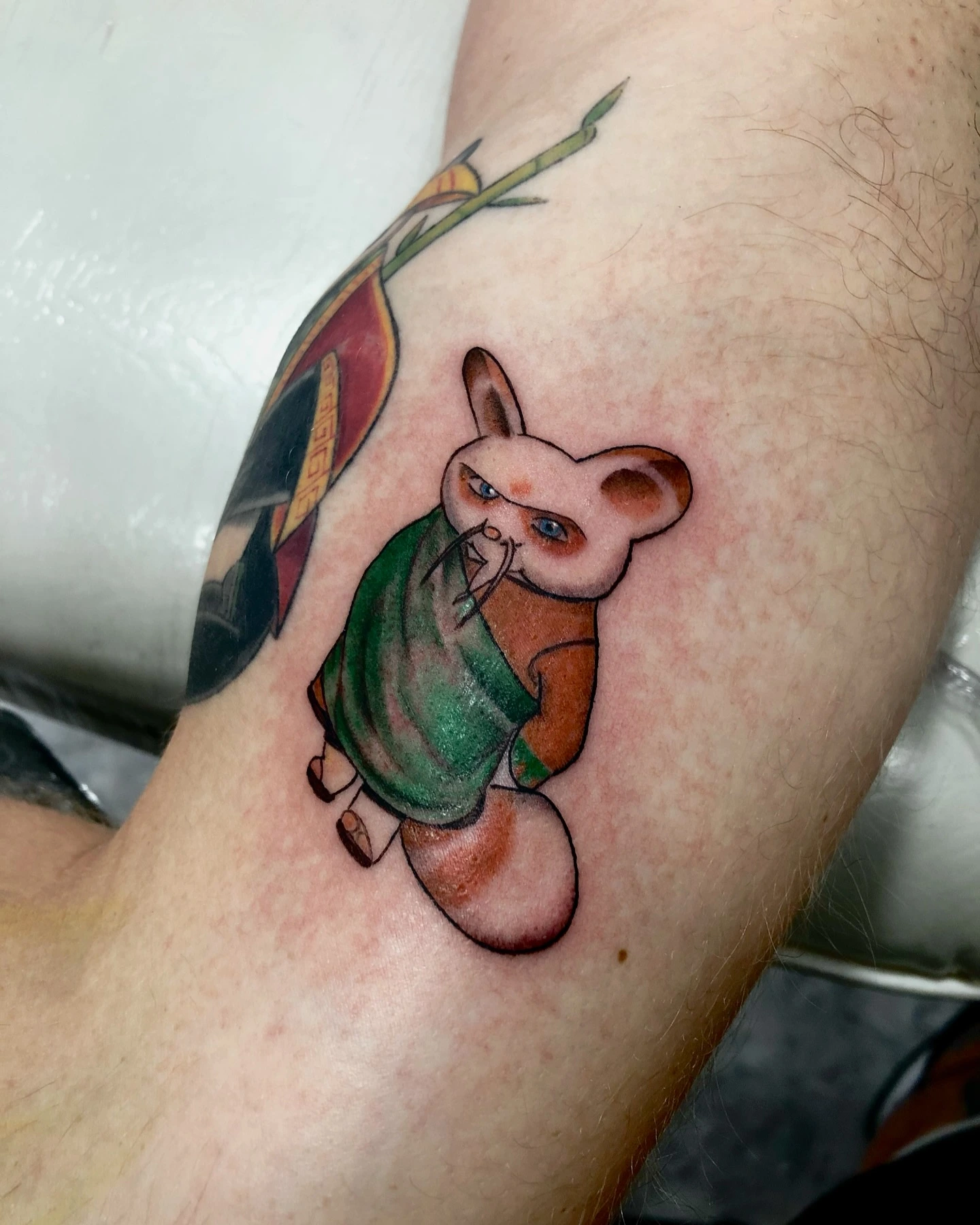 Cute mouse in green coat with bamboo (Mortal Kombat-style scene below)