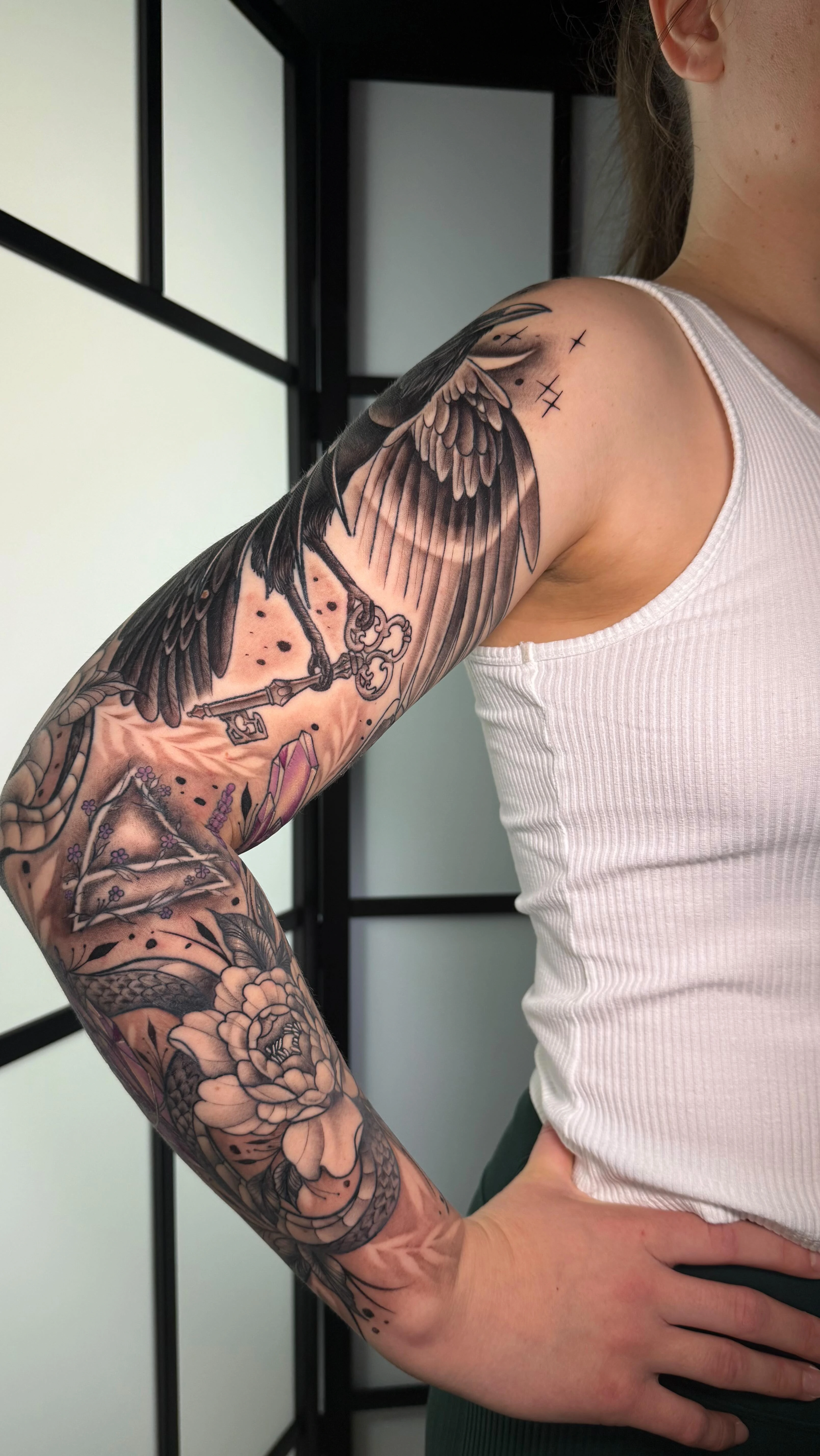 Sleeve in progress: raven, key, hourglass with peony