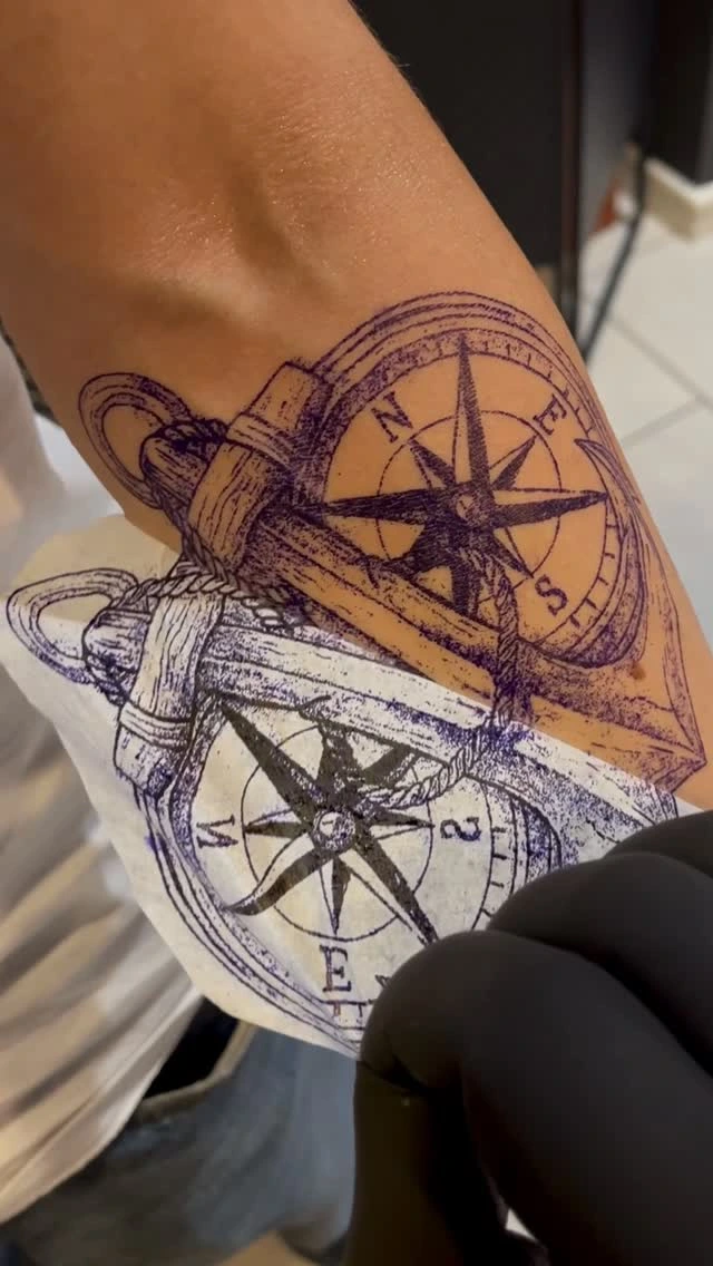 Stencil application stage of an anchor + compass piece