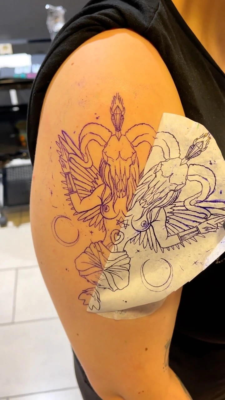 Stencil application of Baphomet piece
