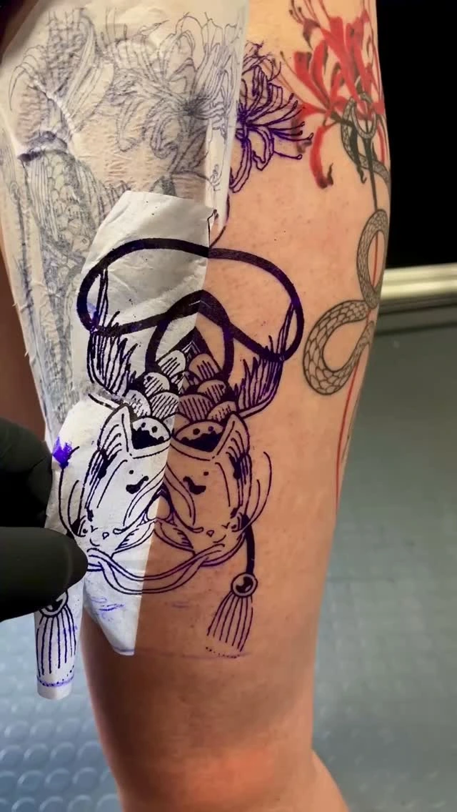 Stencil of koi/kitsune piece in progress