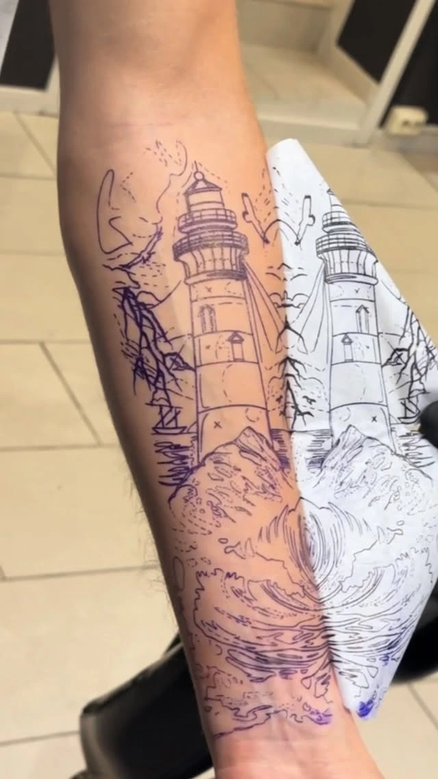 Stencil of lighthouse + waves piece