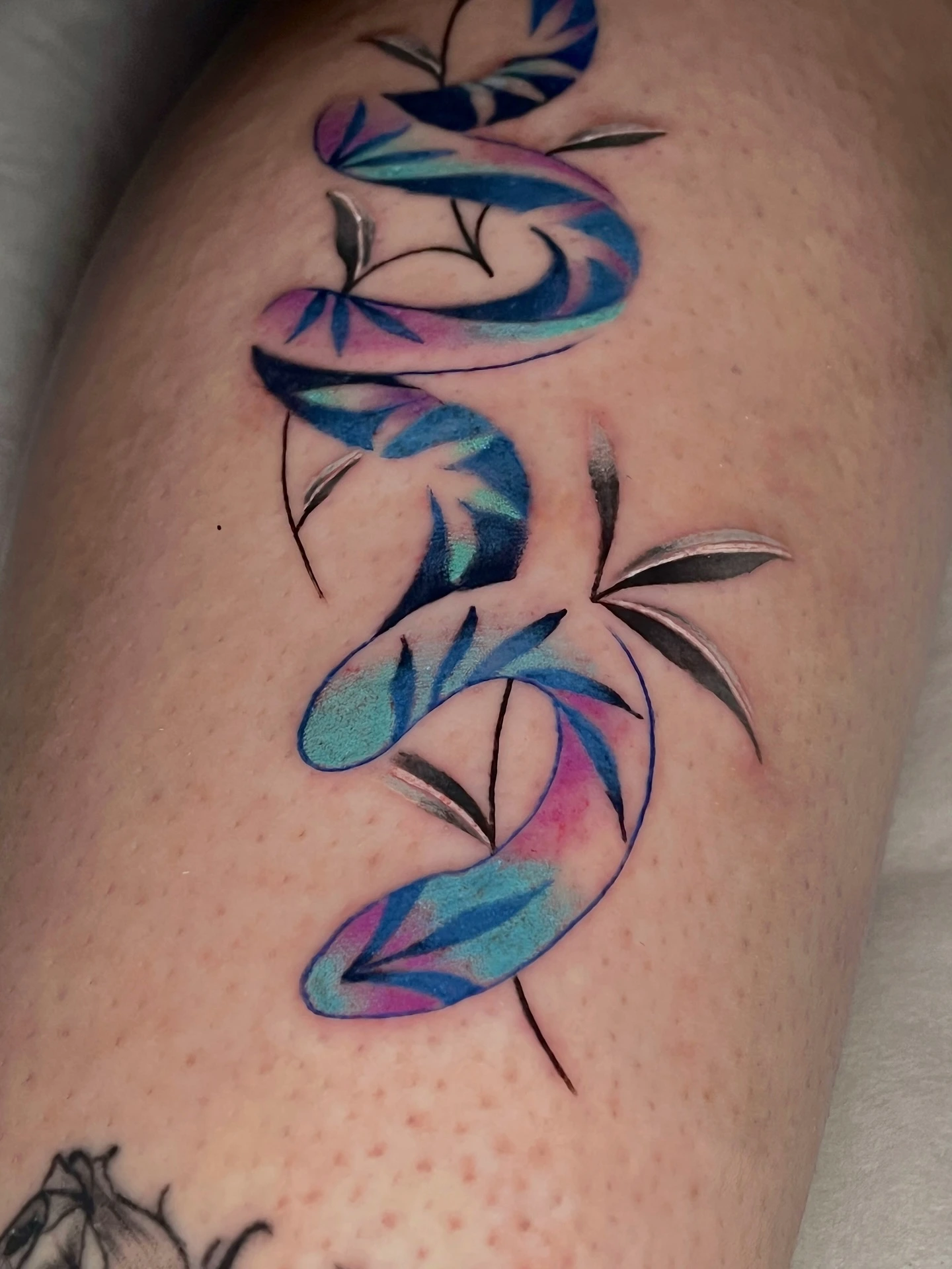 Watercolor blue/purple botanical close-up — leaves and curl