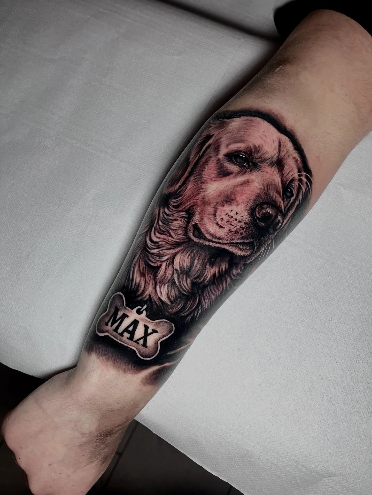 Realistic golden retriever portrait with 'Max' nameplate