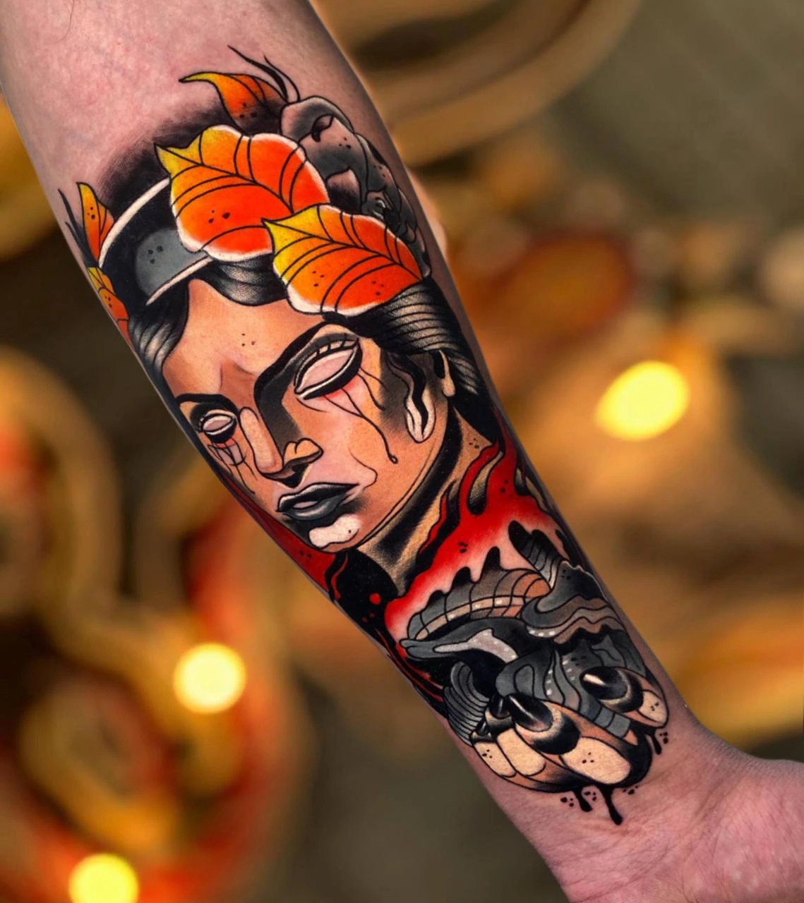 Neo-traditional crying woman with orange autumn-leaf headdress and dripping black mask