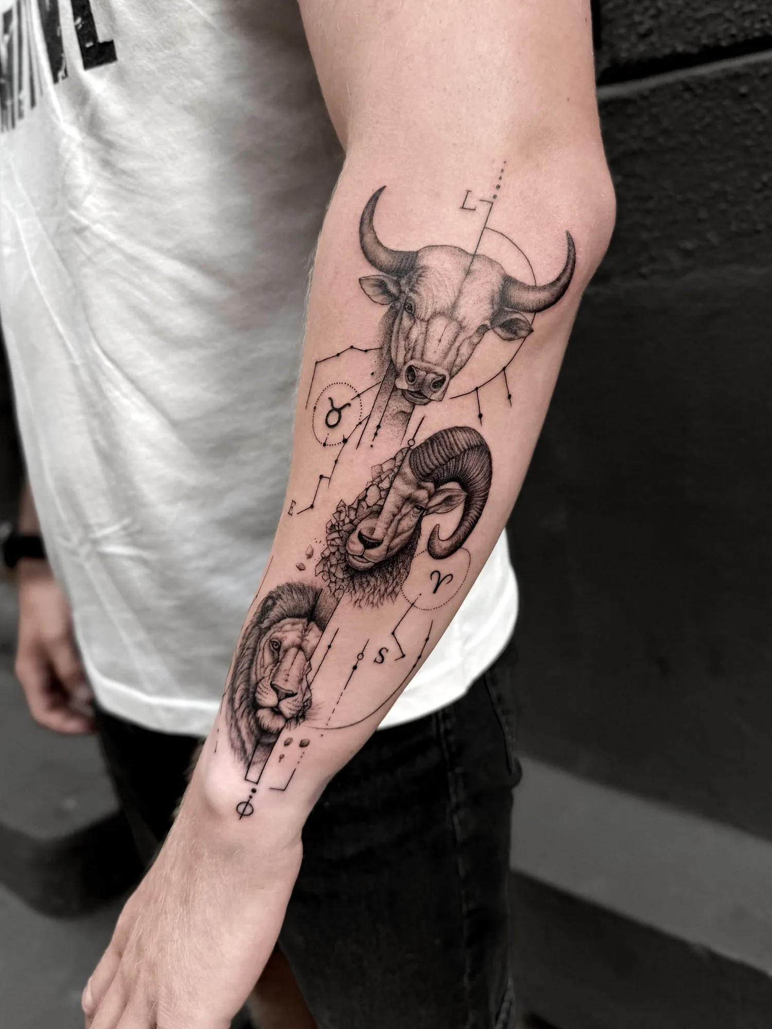 black & grey realistic bull, ram and lion heads stacked along the forearm with geometric lines, dots, zodiac symbols for Taurus and Aries, and the letters 'L', 'E', 'S'