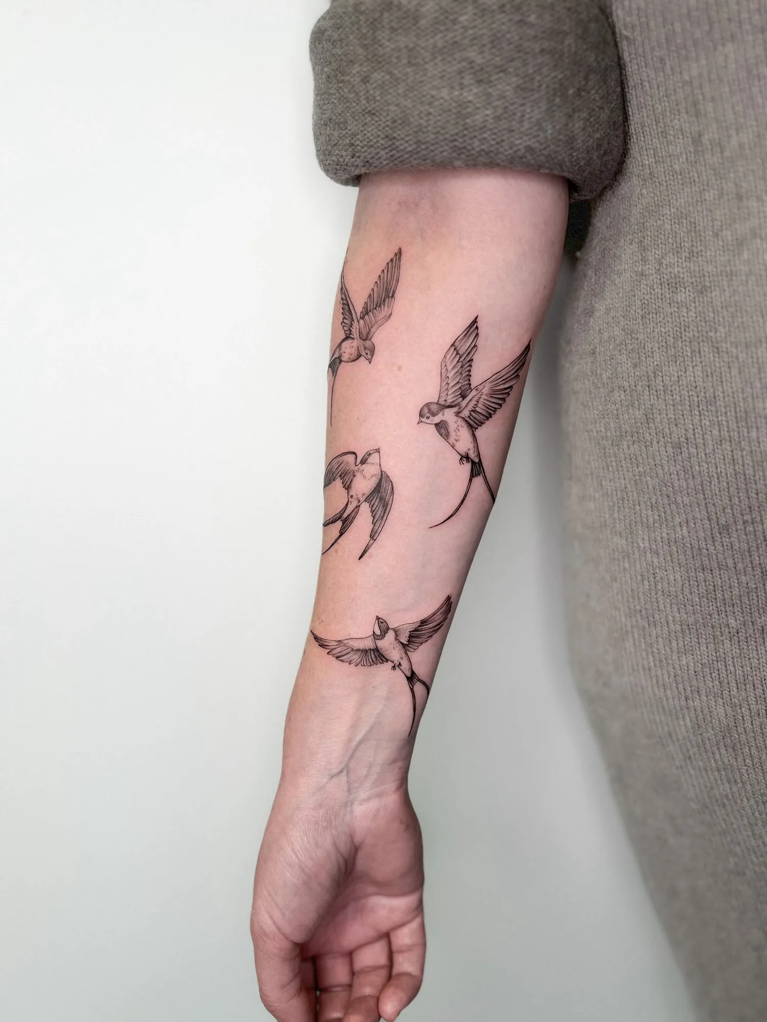 four black & grey finely shaded swallows in flight running down outer forearm to wrist, white background