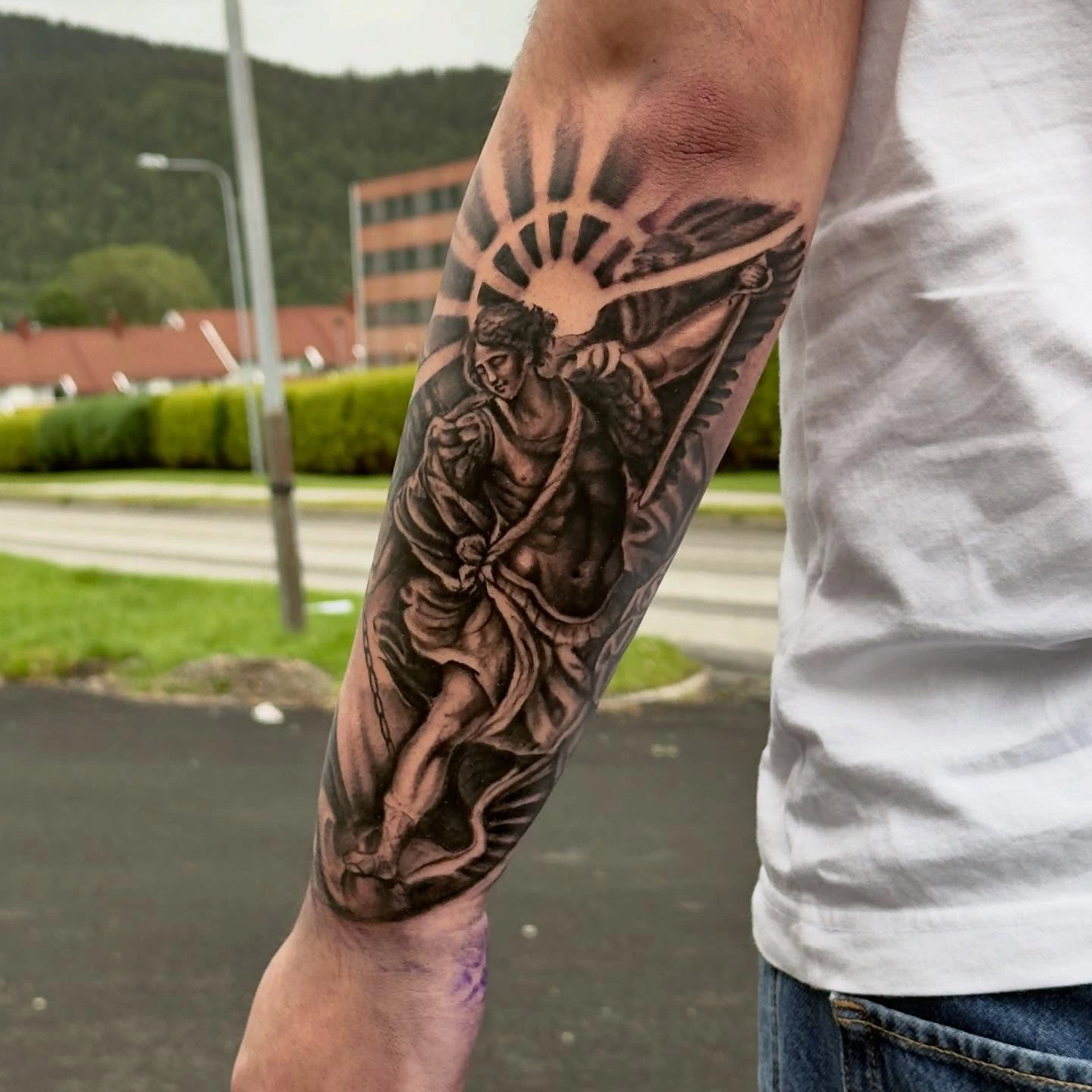 Fallen angel with large wings half-sleeve