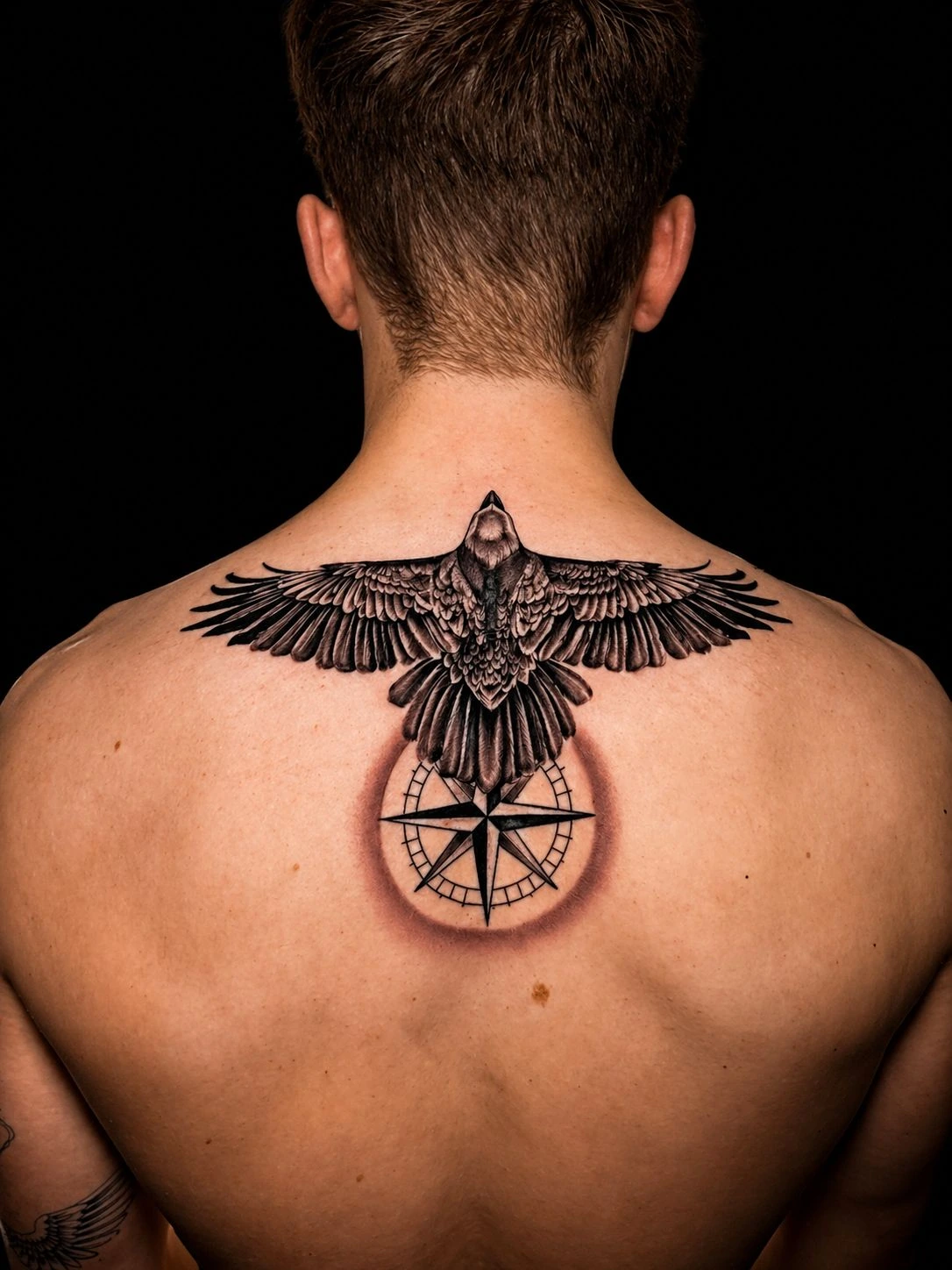 Crow / raven with outstretched wings above a compass rose, upper back