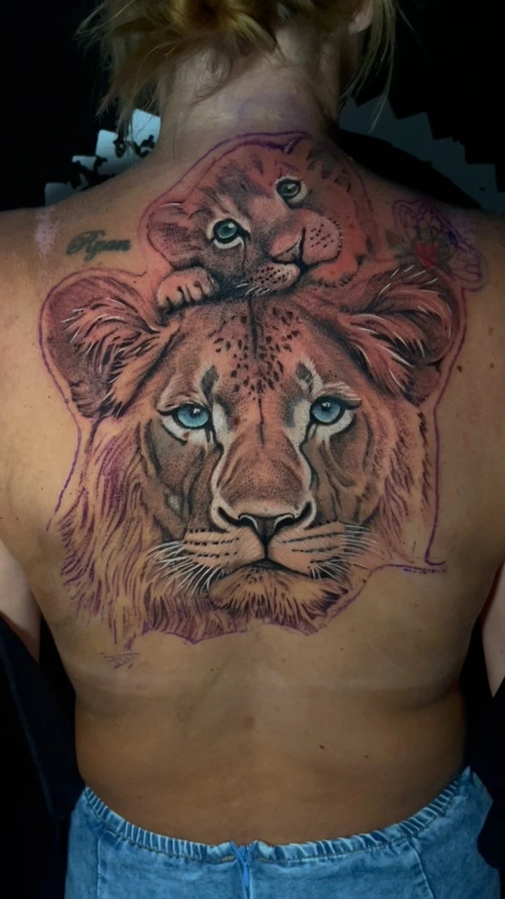 Lioness with cub on her head + second cub, in progress (line stage)