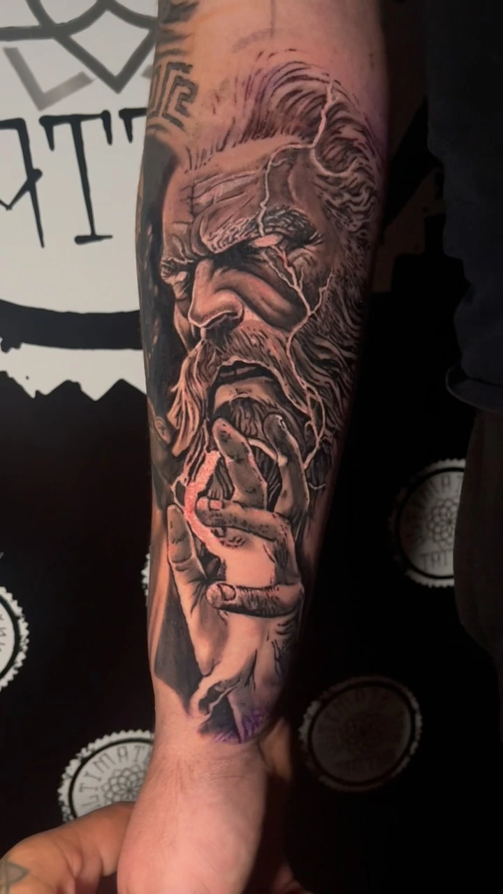 Old wise man / Odin with electric cracks across face, holding lightning rune in hand