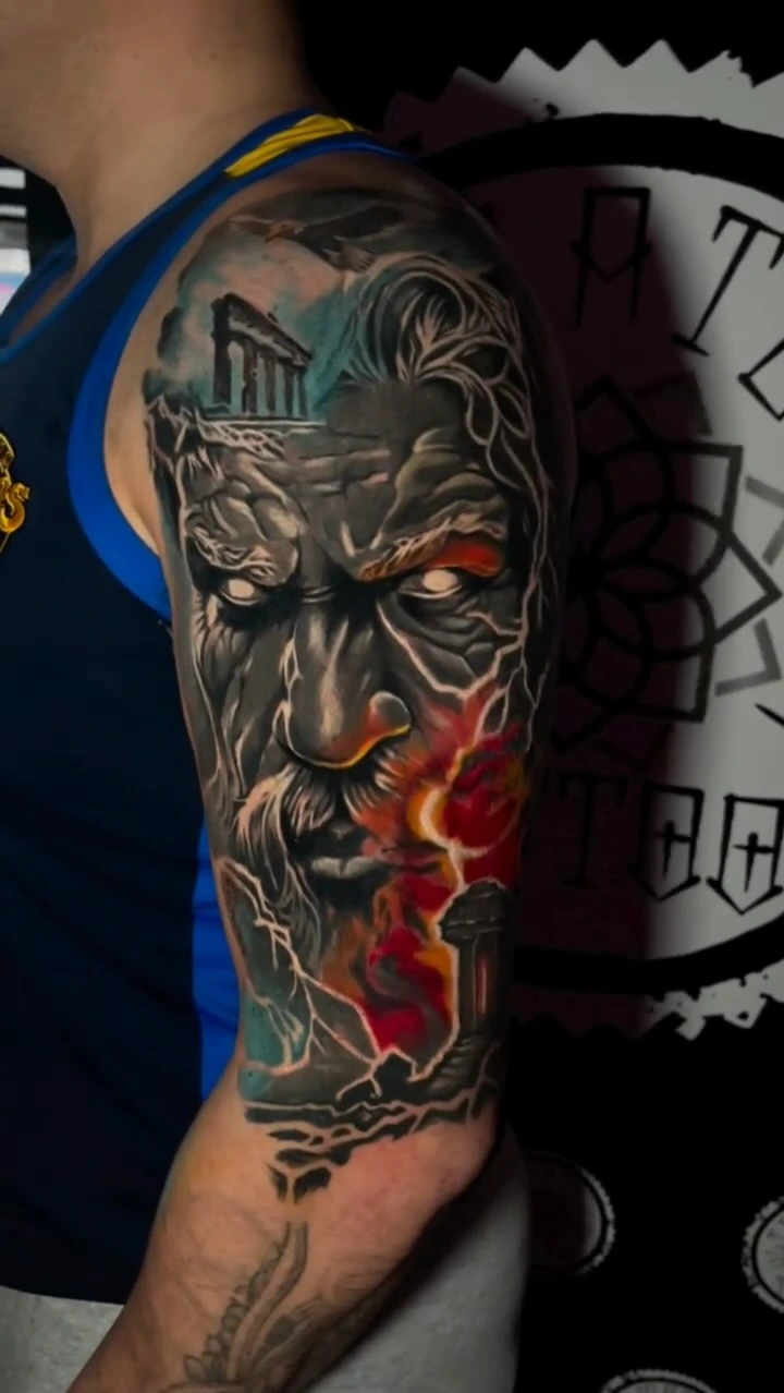 Zeus/old-god portrait with Acropolis temple in beard, lightning + flame in beard