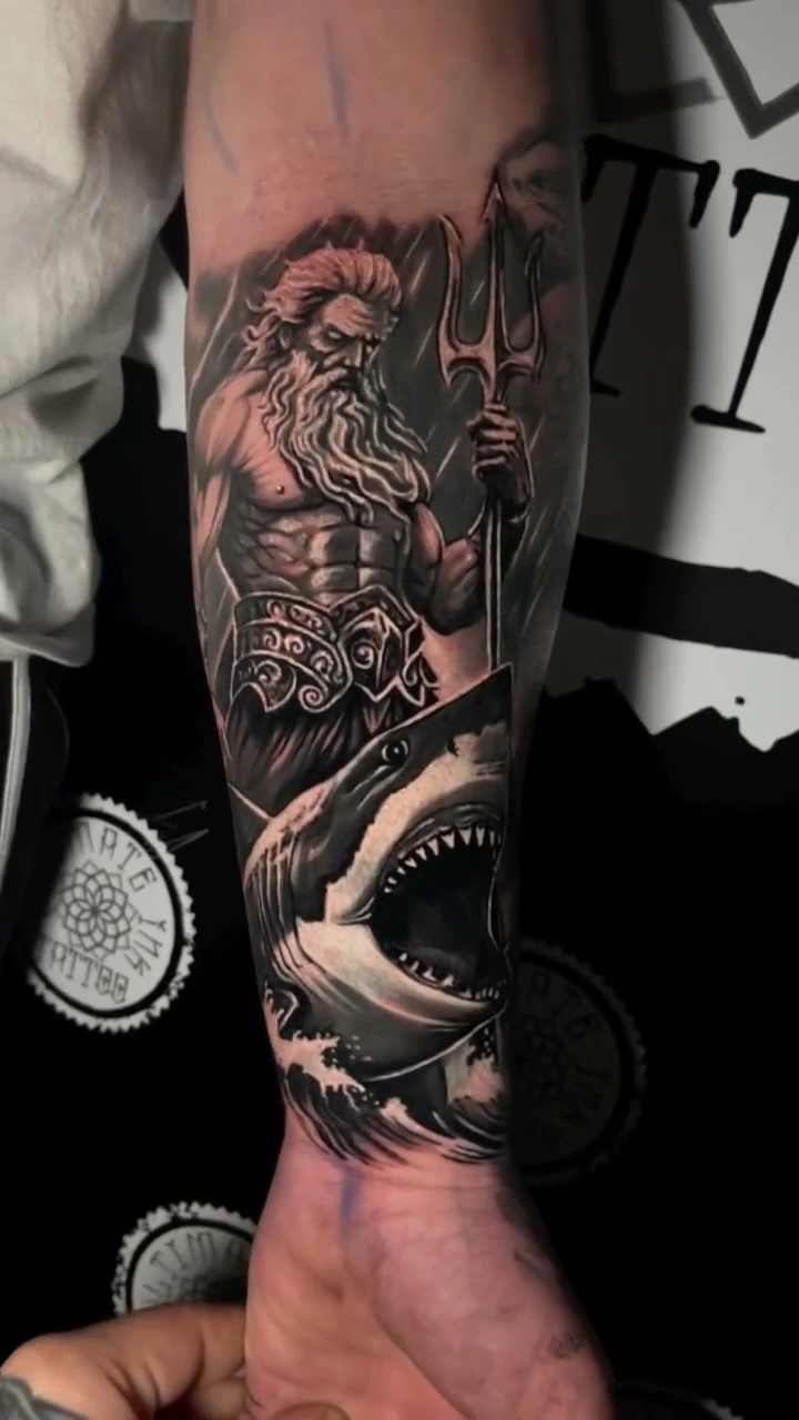 Poseidon with trident standing over great white shark in waves