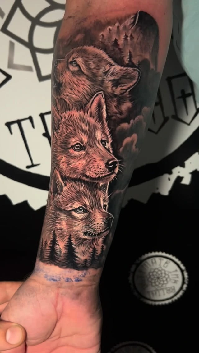Three wolves stacked vertically (alpha, beta, omega) with forest below