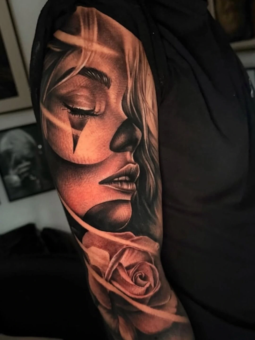 chicano/clown-painted female portrait with rose, half-sleeve