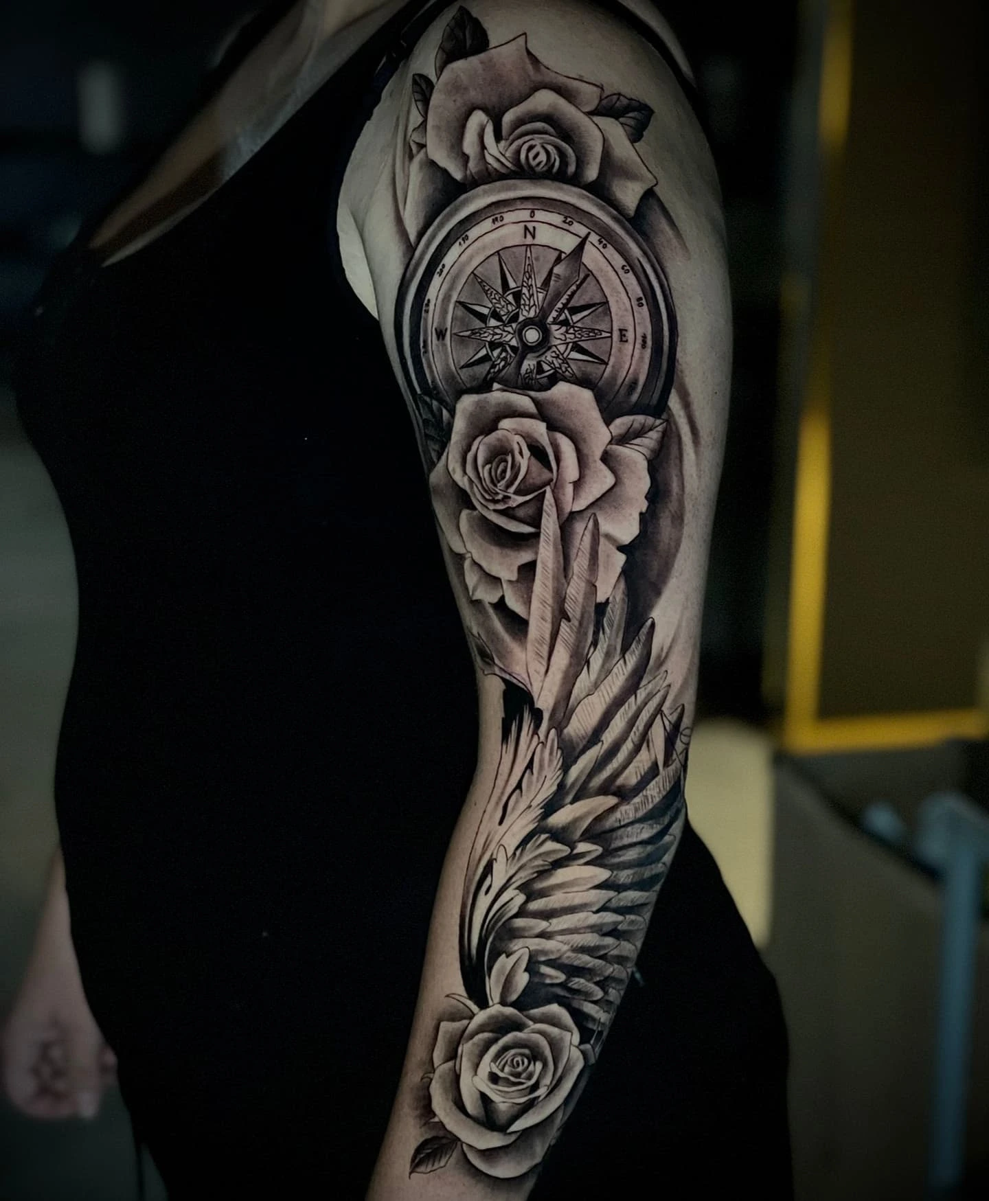 rose + compass + feather + wing sleeve composition (Time)