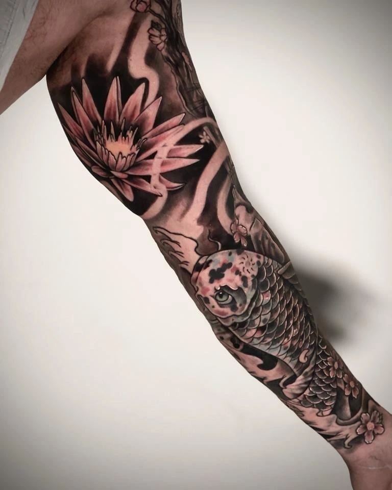 lotus flower + koi fish Japanese-style sleeve in B&G with red color accents