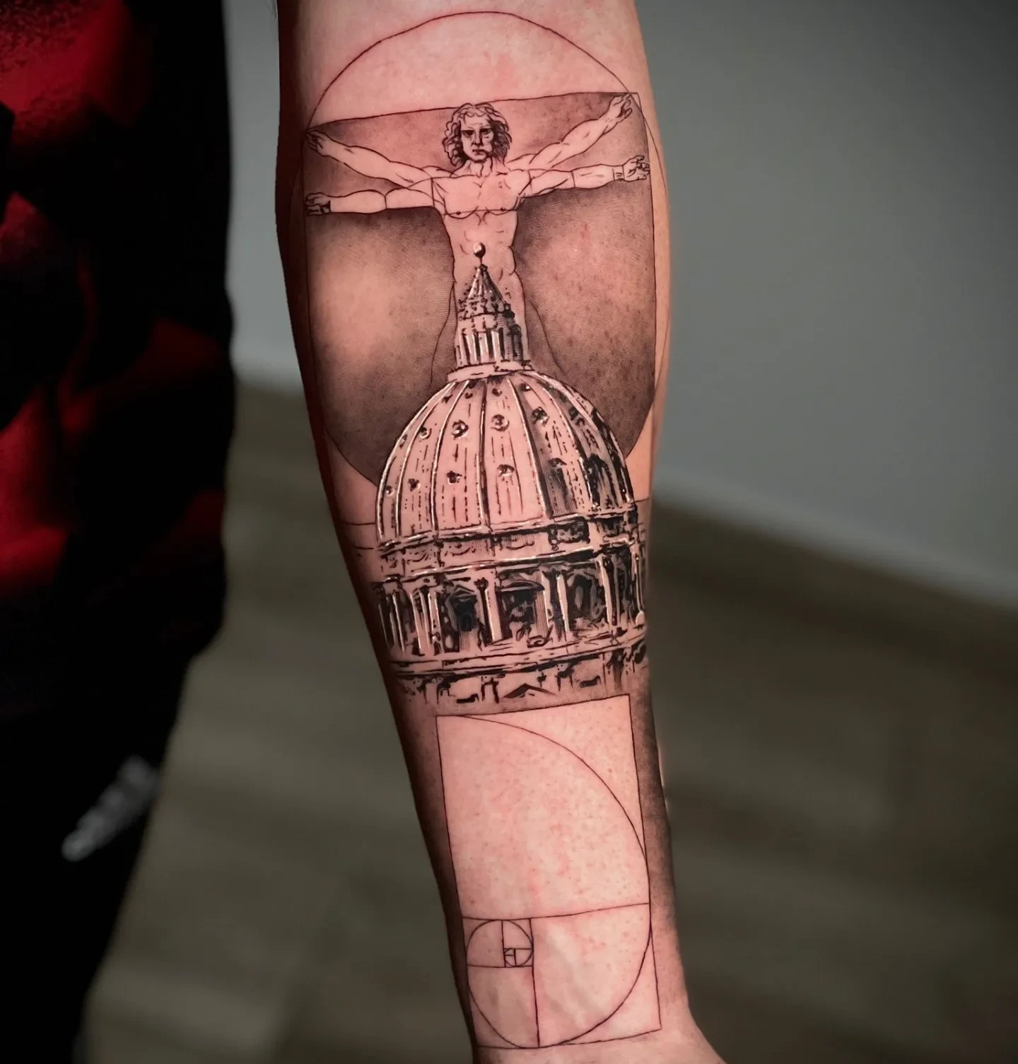 Vitruvian man + St Peter's basilica dome + fibonacci spiral fineline