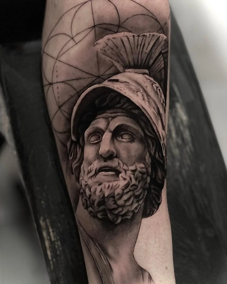 classical Greek bearded statue head with helmet (Hephaestus/Ares) with sacred geometry circles