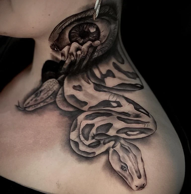 realistic eye with python snake body wrapping around neck/shoulder