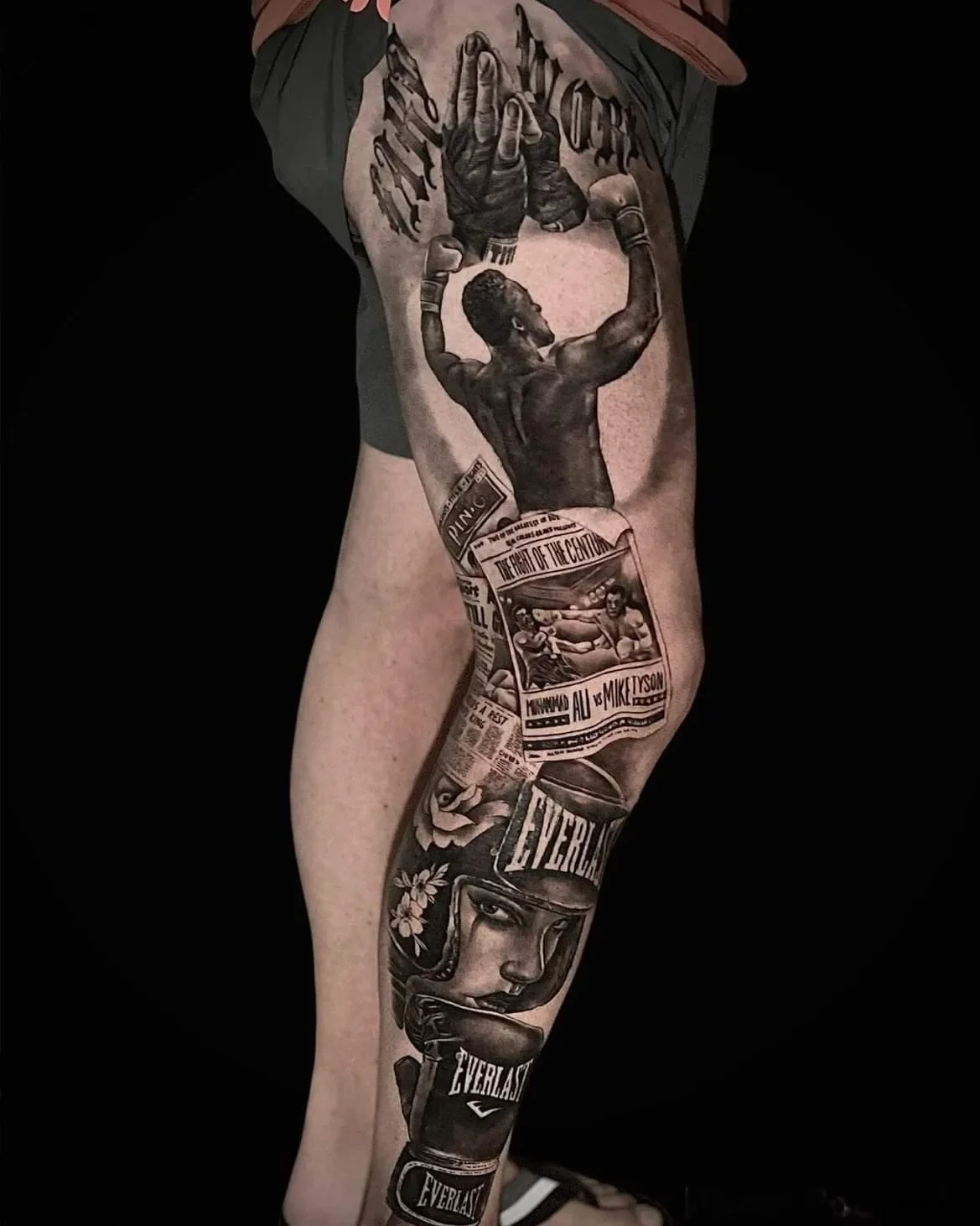 Ali vs Tyson full leg sleeve — boxing newsprint, boxer victory pose, Everlast gloves and girl-merge portrait